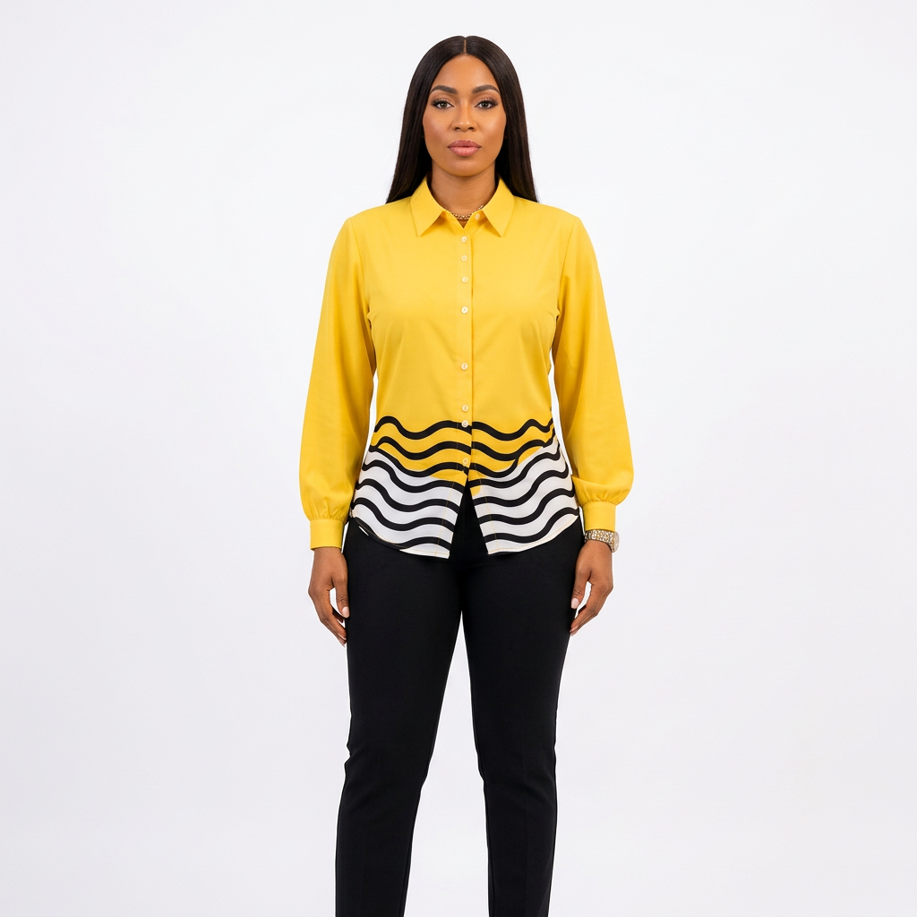 Black female model wearing a yellow wave-hem collared blouse on white