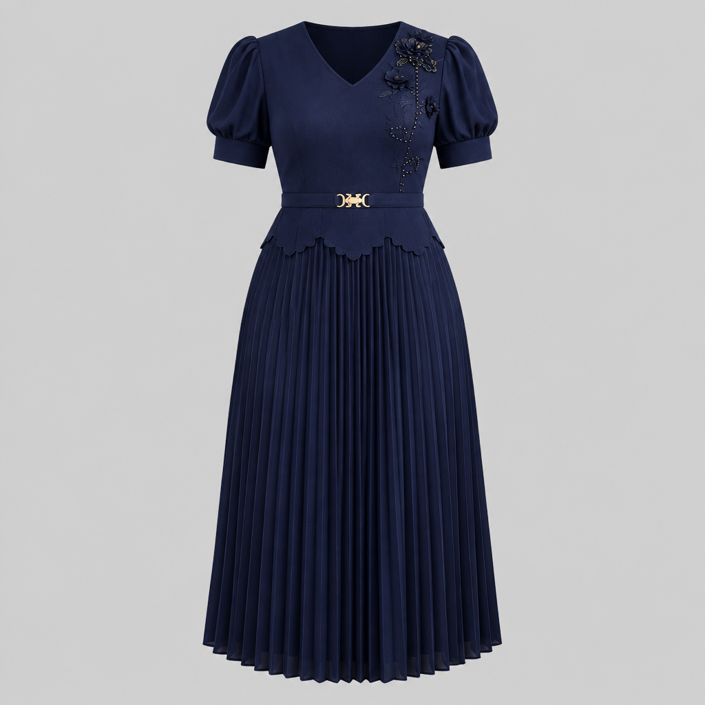 Navy pleated gown on ghost mannequin