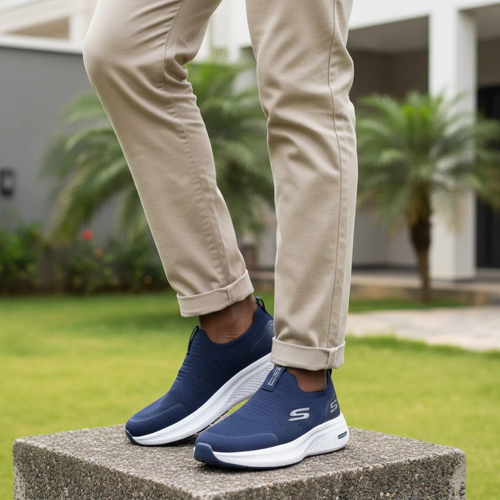 Nigerian male model leg focus wearing navy blue chunky sole knit slip-on sneakers
