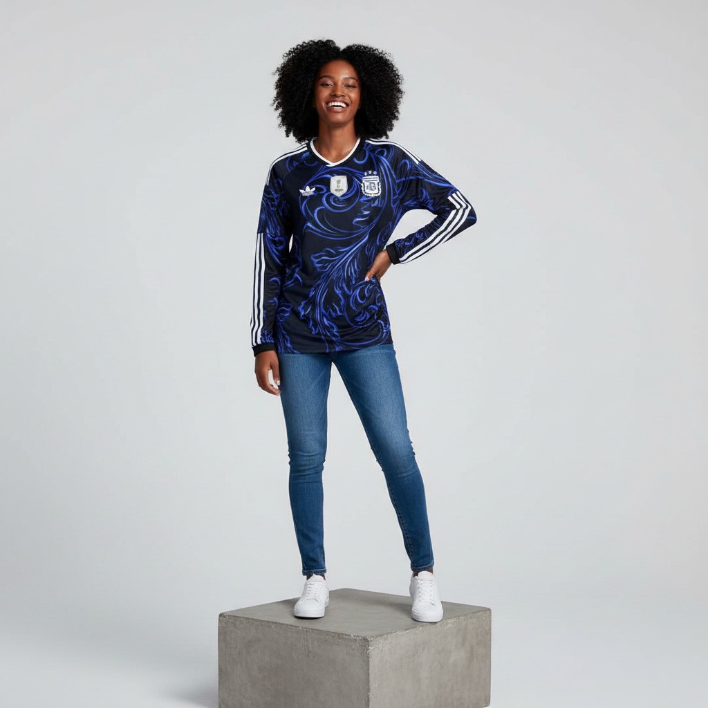 Nigerian female model wearing black blue baroque long sleeve football jersey on concrete plinth