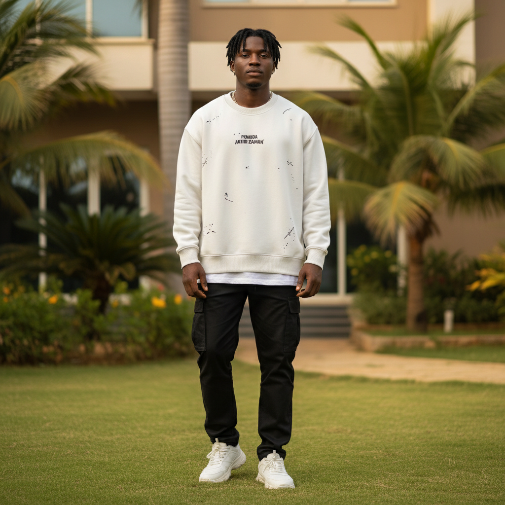 Nigerian male model wearing white ink splatter print oversized crew-neck sweatshirt