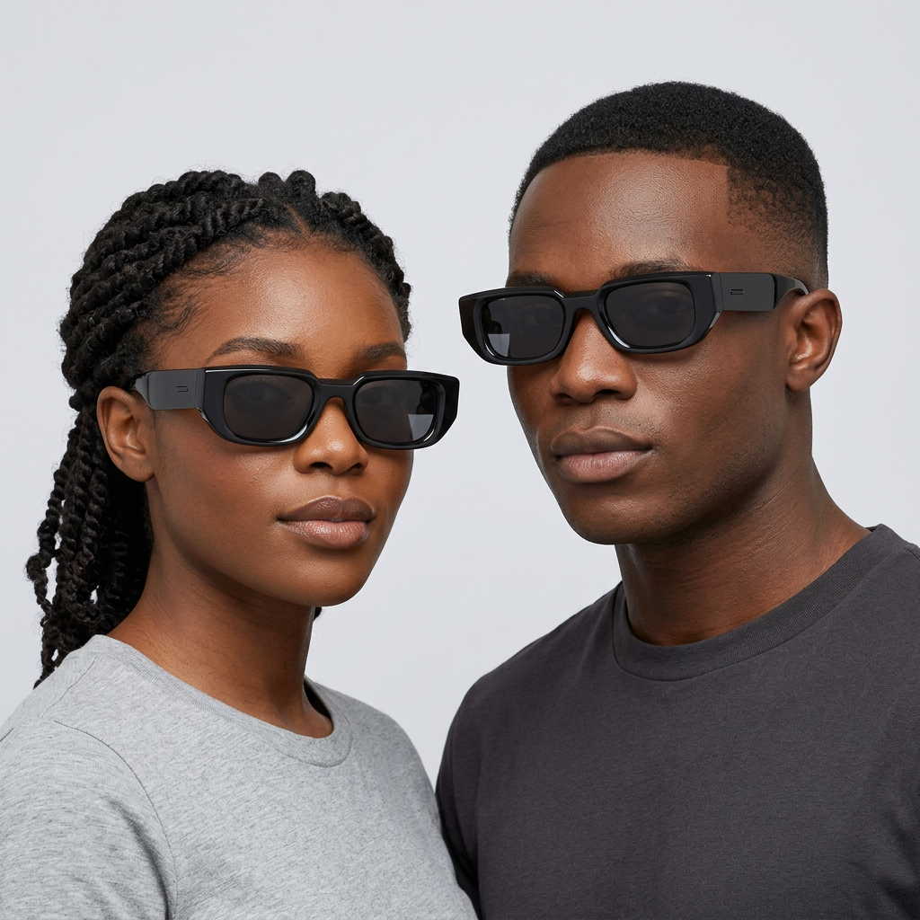 Black chunky rectangular glasses on two Black adult models