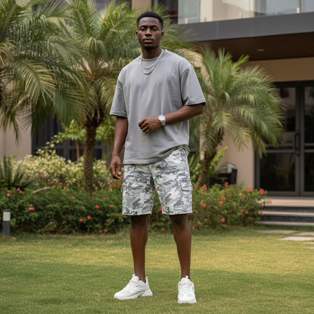 Nigerian male model wearing grey white camo cargo denim shorts in upscale outdoor setting