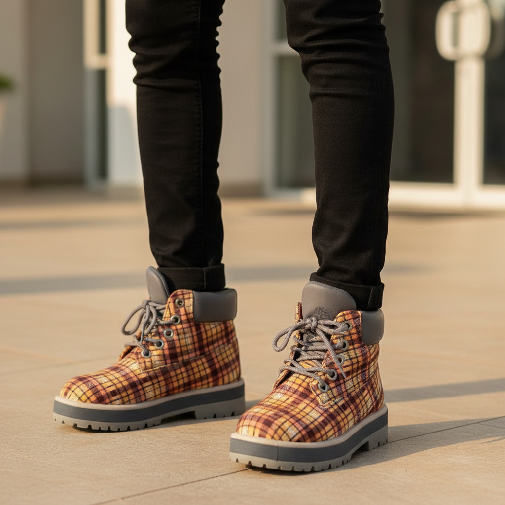 Nigerian male model wearing tartan plaid Timberland 6-inch heritage boots, tight zoomed-in heritage-streetwear leg focus lifestyle shot