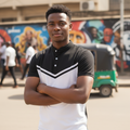 Young Nigerian male model wearing black and white chevron polo shirt