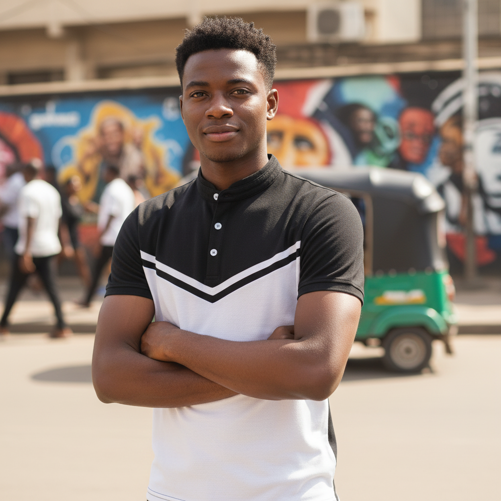 Young Nigerian male model wearing black and white chevron polo shirt