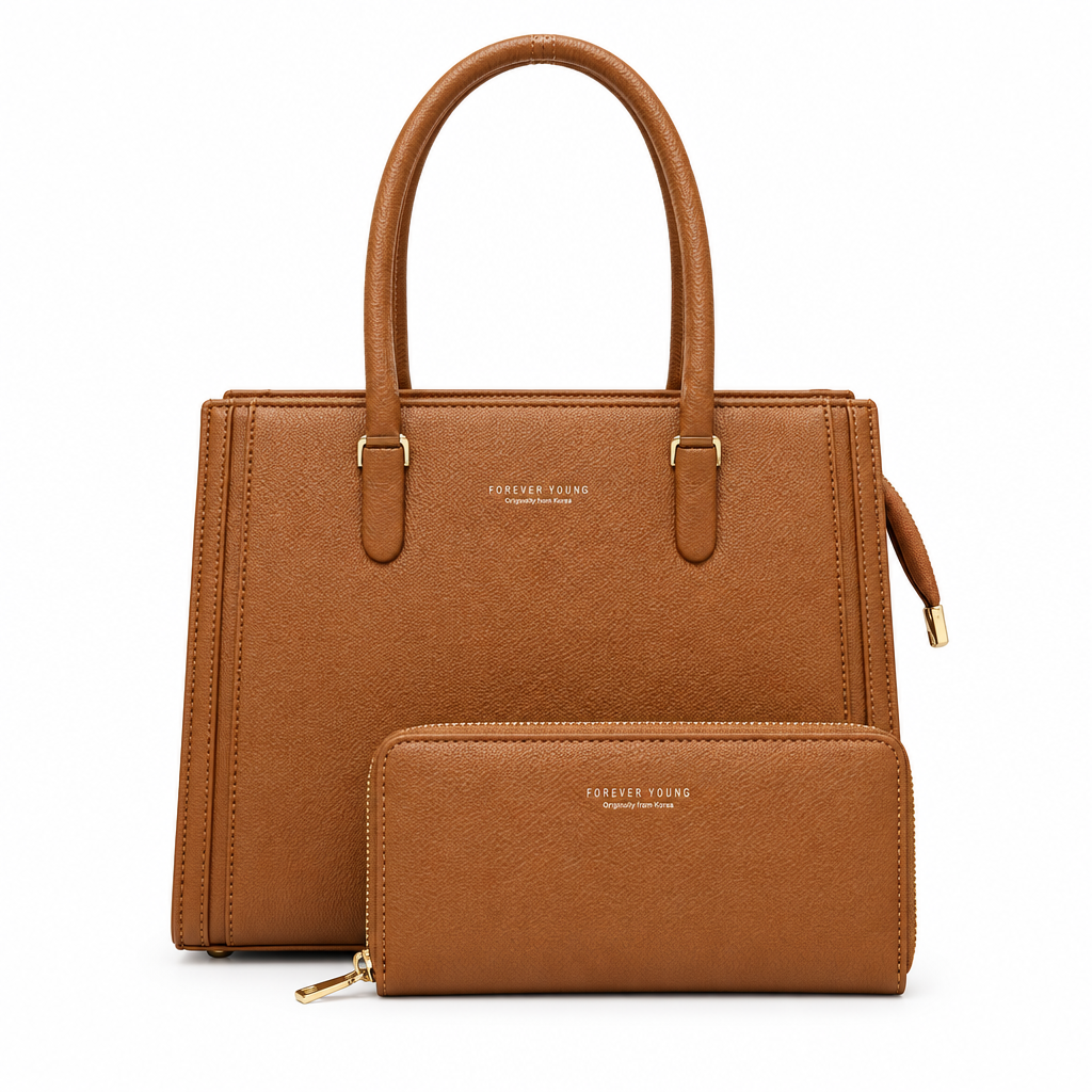 Tan-brown pebbled structured tote and matching zip pouch on white background