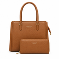 Tan-brown pebbled structured tote and matching zip pouch on white background