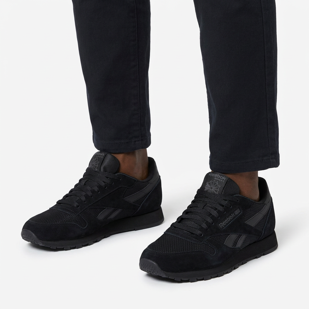 Black male model wearing both all-black mesh-panel sneakers on white