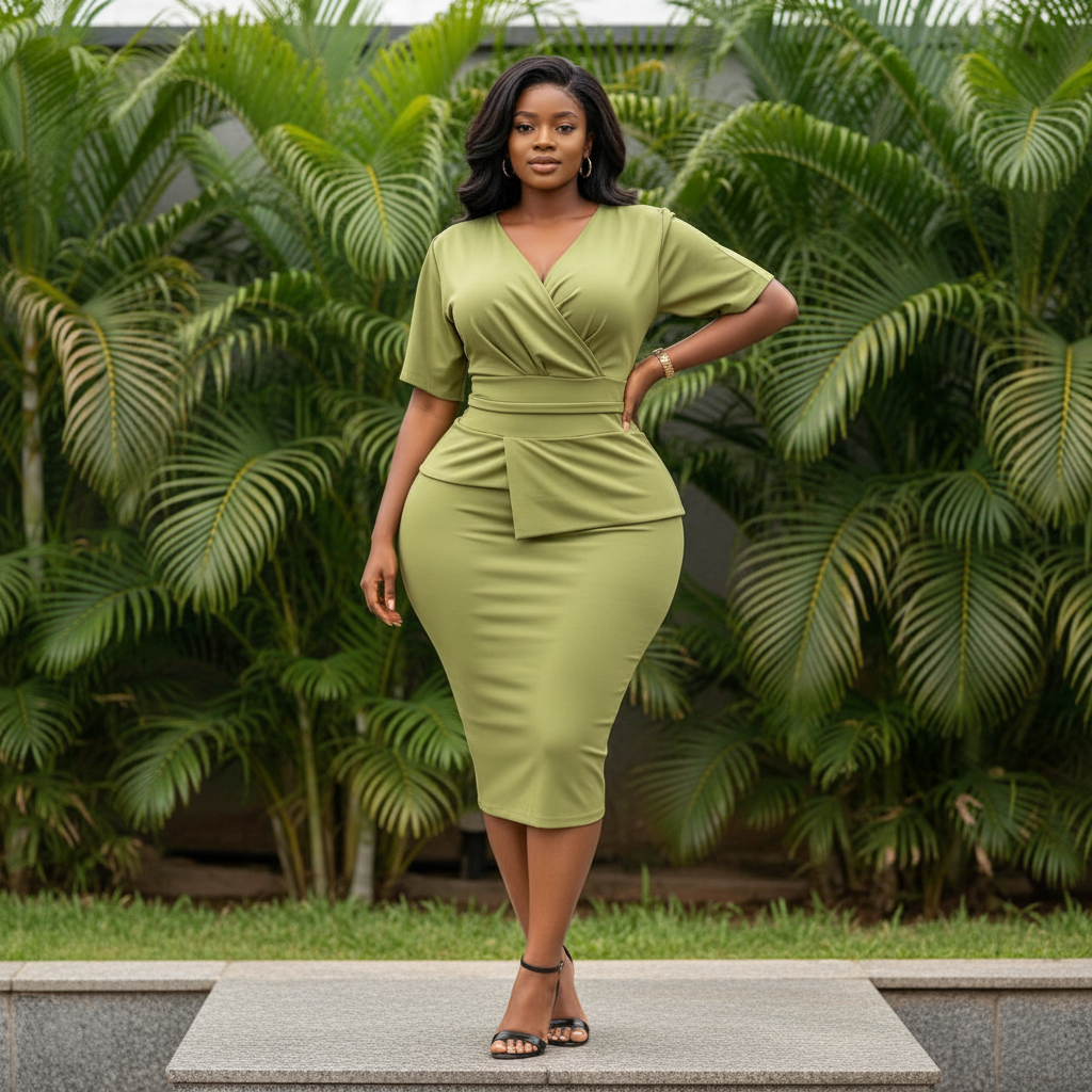 Women's Olive Green Wrap Bodycon Midi Dress – Nigerian Female Model Shot
