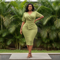 Women's Olive Green Wrap Bodycon Midi Dress – Nigerian Female Model Shot