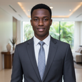 Nigerian male model wearing grey and blue polka dot necktie with white shirt and suit