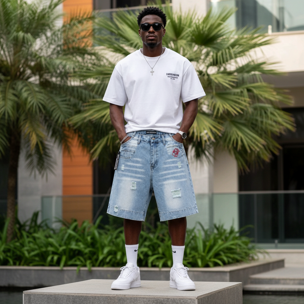 Nigerian male model wearing men's light blue washed pink rose embroidered distressed wide-leg denim shorts streetwear style