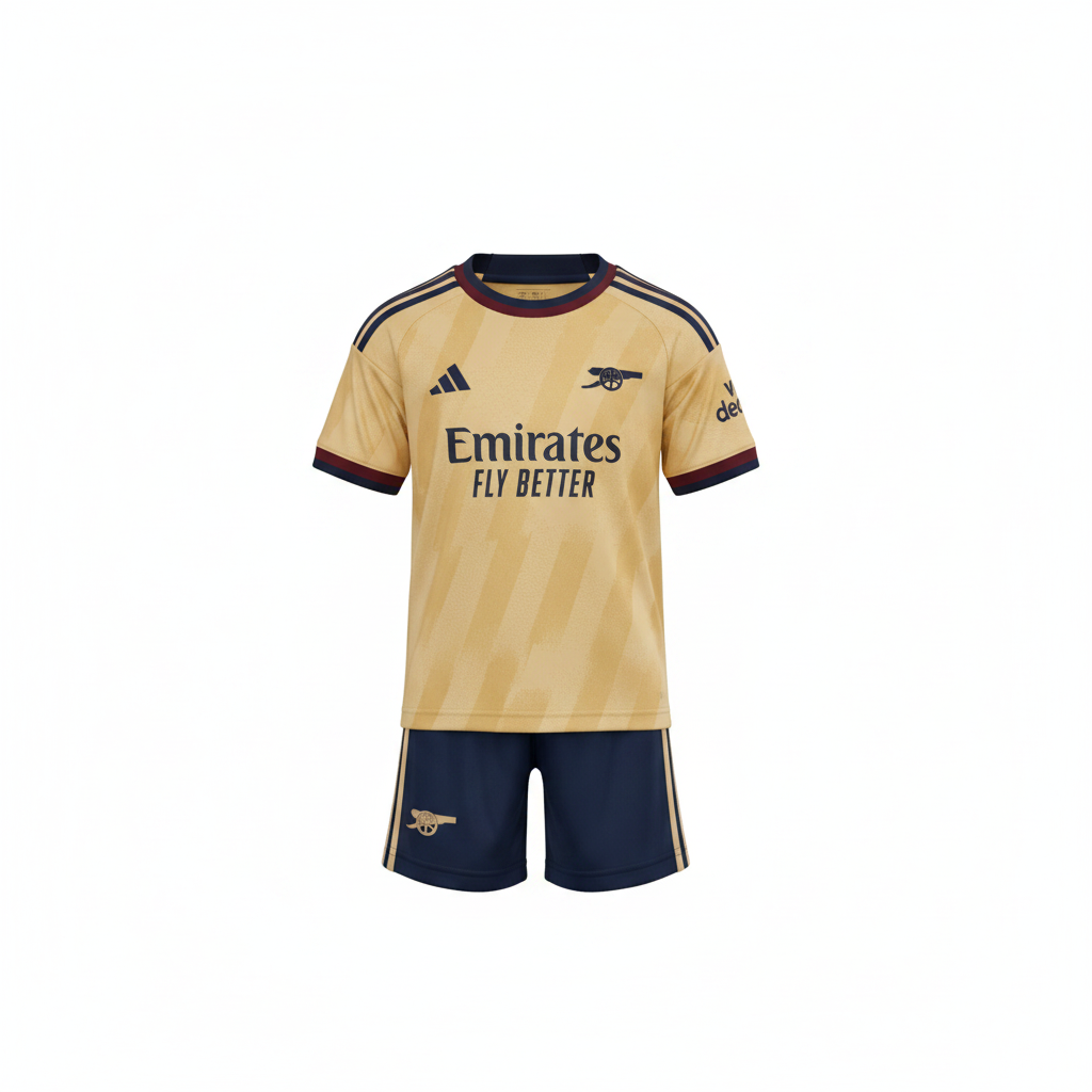 Kids' gold & navy blue football jersey set – ghost mannequin front view on white background