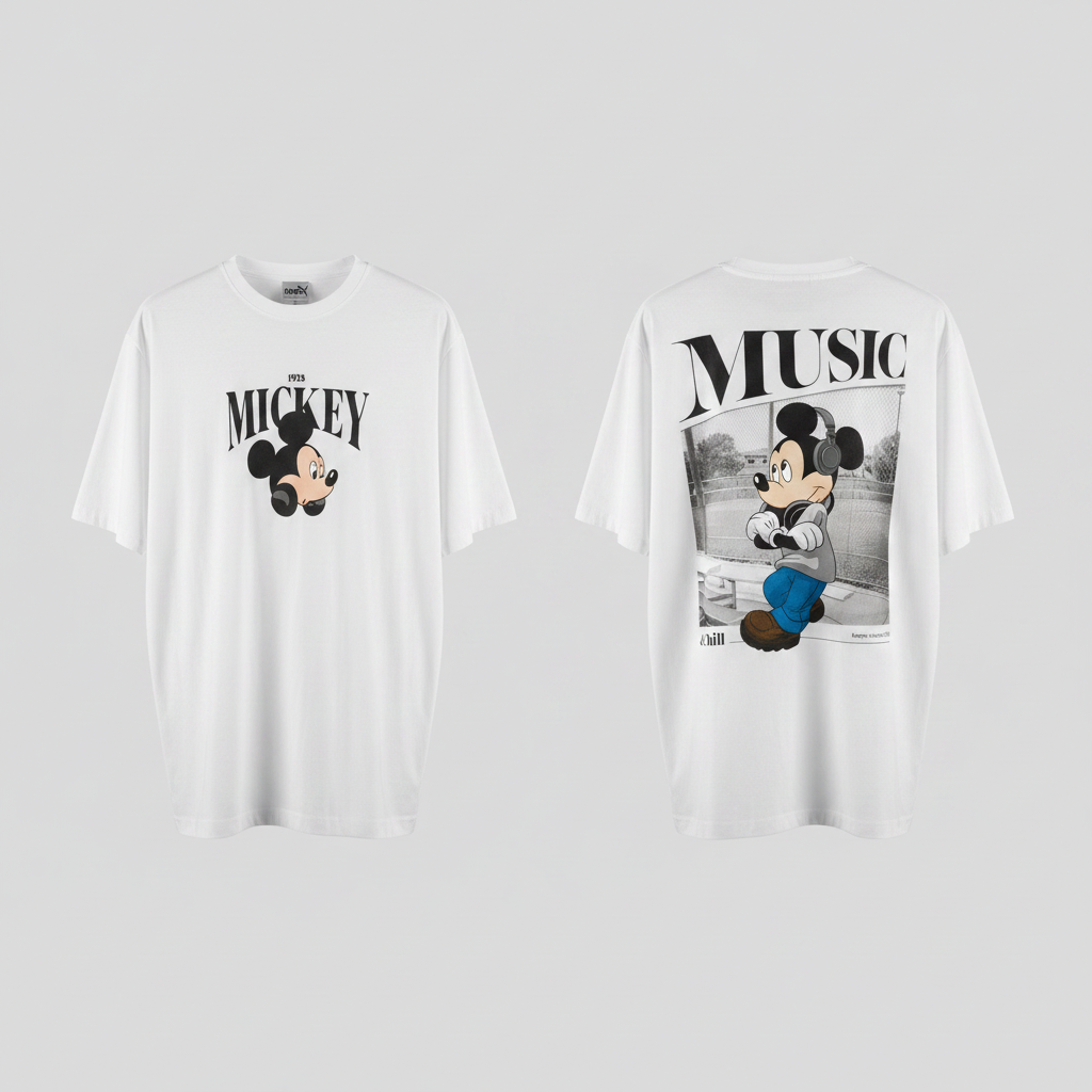 White Mickey Mouse graphic oversized tee ghost mannequin front and back view