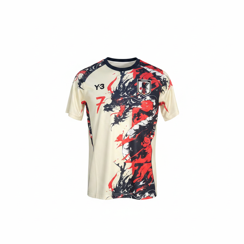 Cream dragon ink-splash graphic football jersey ghost mannequin front view