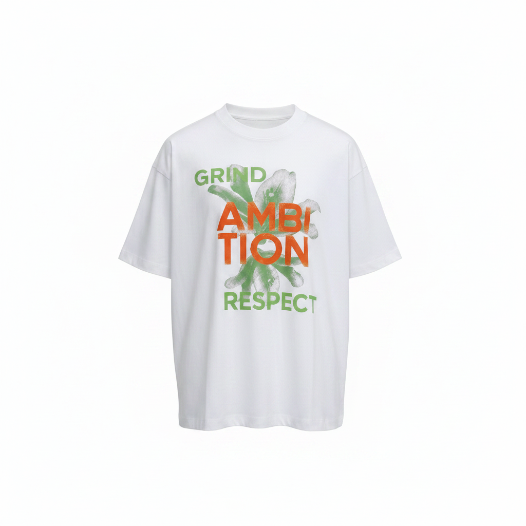 Men's Grind Ambition Respect Graphic Oversized Tee - Ghost Mannequin Front View
