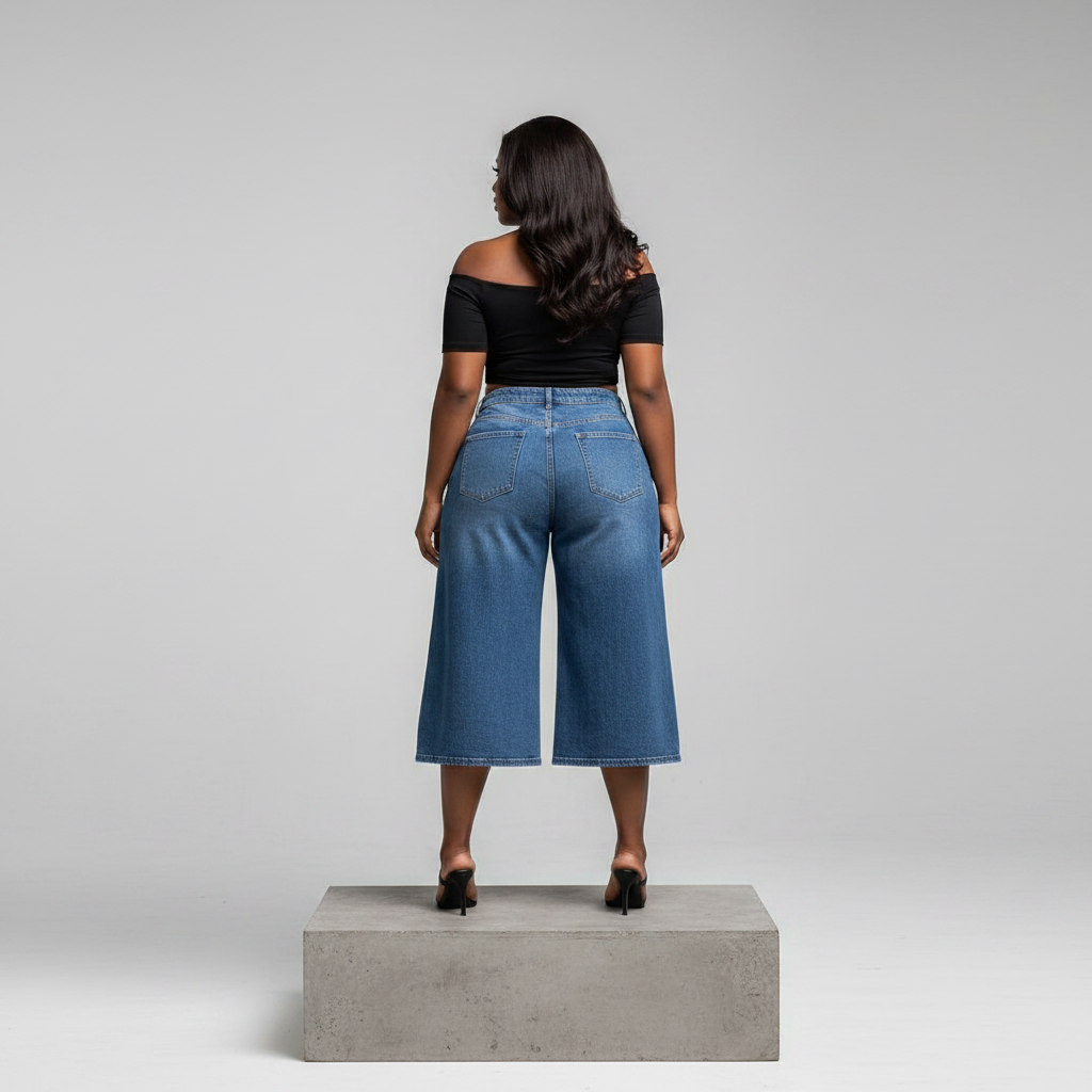 Medium Blue Wide-Leg Denim Culottes – Back Model