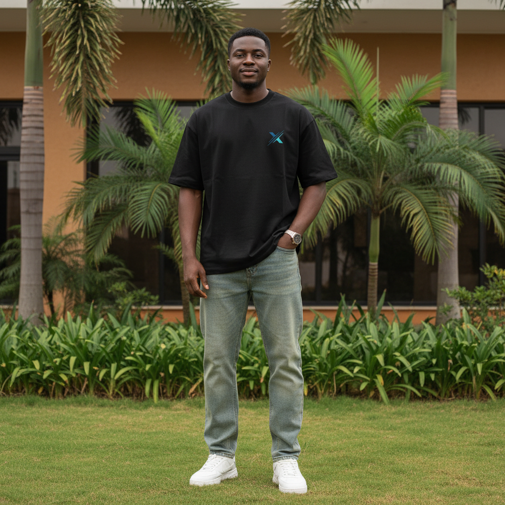 Nigerian male model wearing black geometric X emblem minimal oversized tee – front view