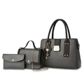 Grey three-piece handbag set with black trim, embossed tote, flap bag and pouch on white