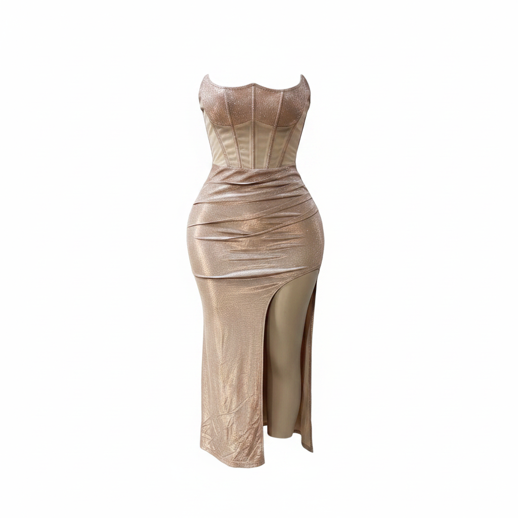 Rose Gold Metallic Corset Split Midi Dress – Ghost Mannequin