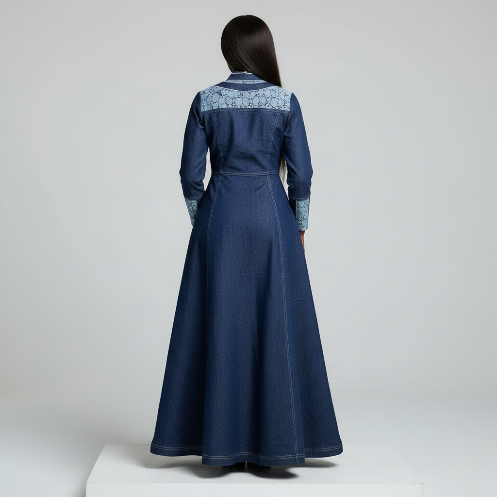 Navy Blue Lace Panel Denim Maxi Dress – Model Back