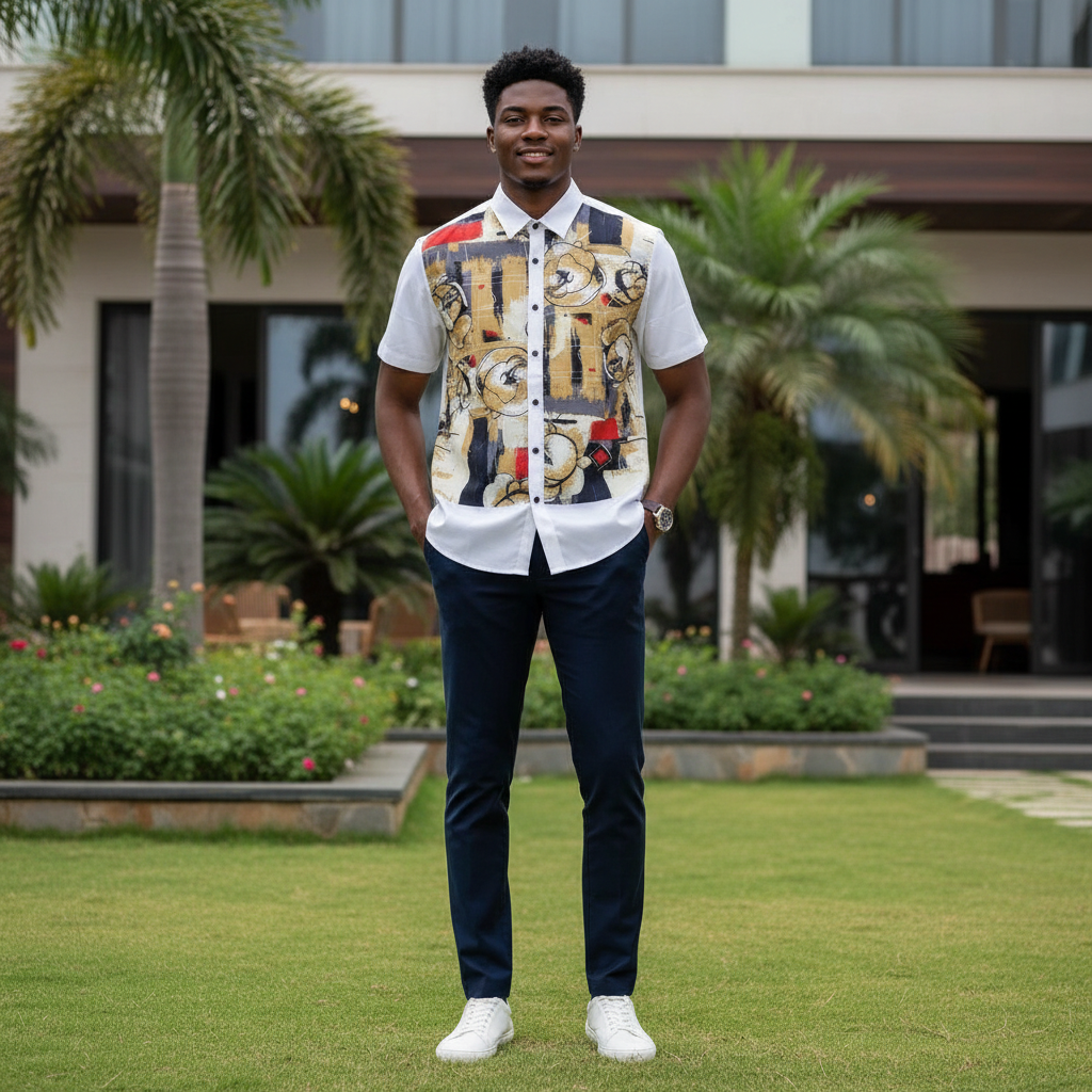 Nigerian male model wearing white abstract floral graphic short-sleeve shirt
