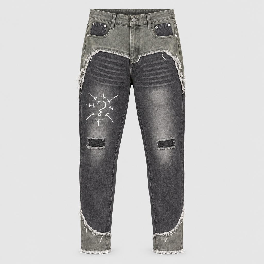 Men's grey patchwork jeans with ribbed panels and distressed knees