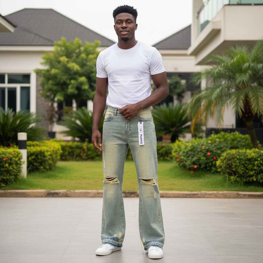 Men's Sand Washed Wide-Leg Flared Distressed Denim Jeans – Nigerian Male Model Shot