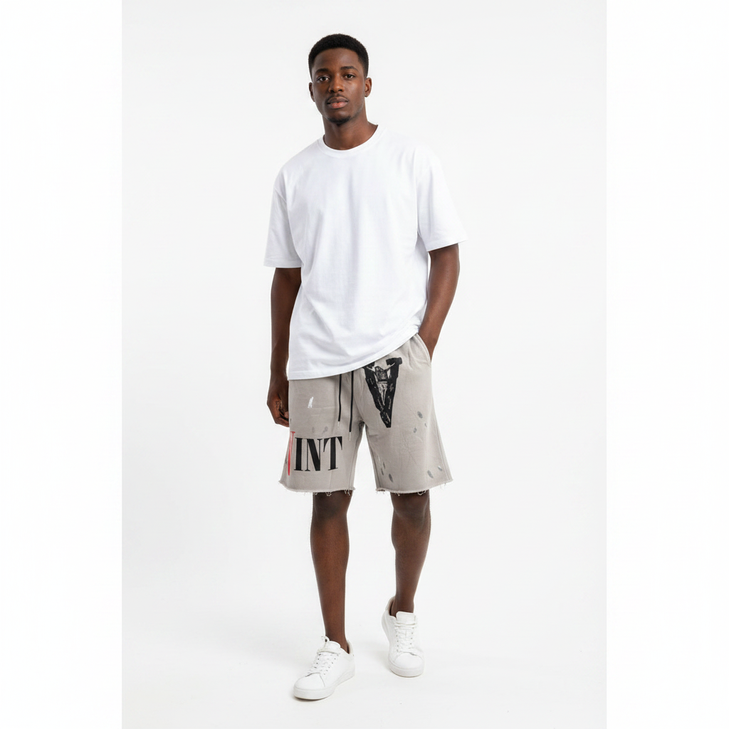 SVINT Distressed Graphic Shorts Grey – Model Shot