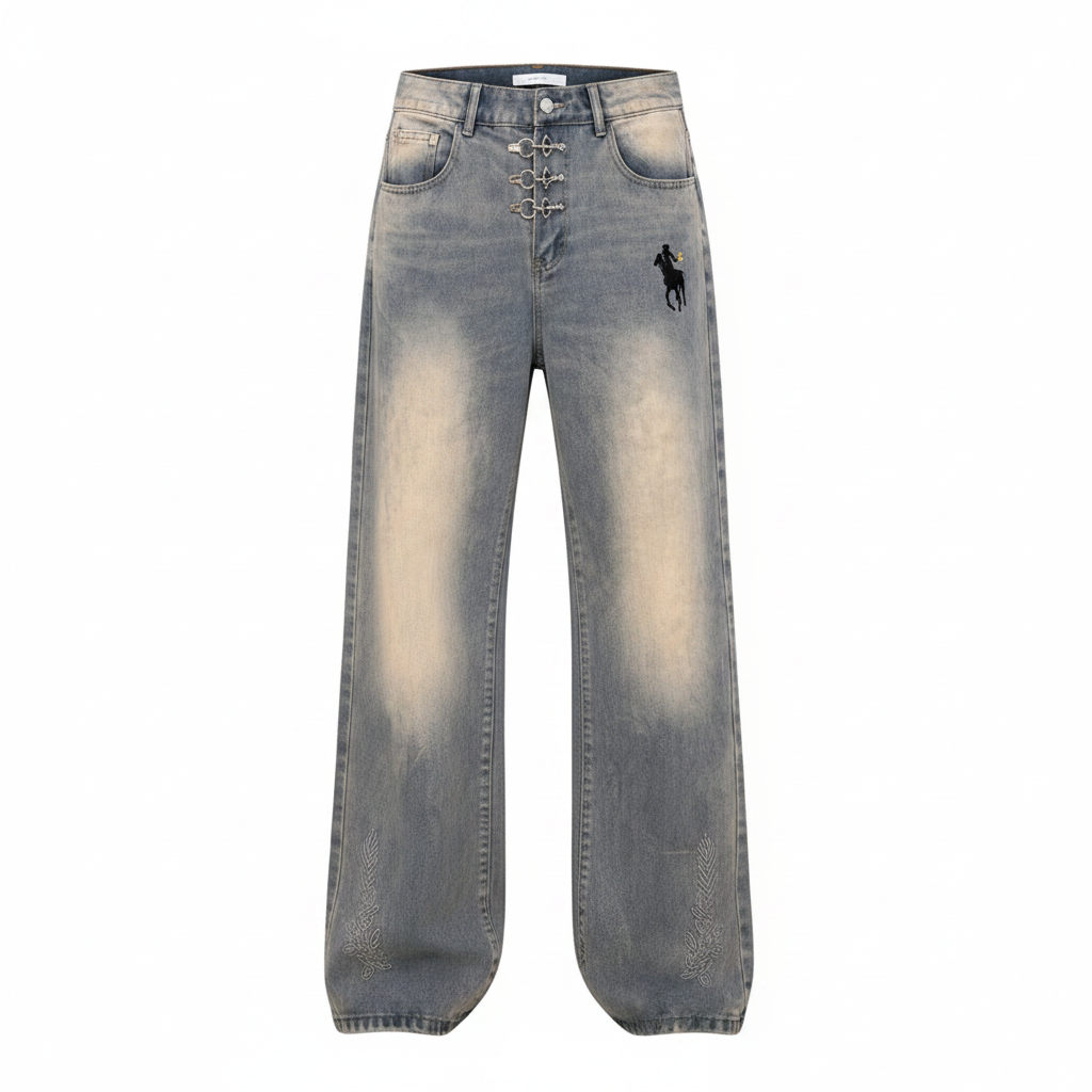 Men's vintage washed wide-leg flared jeans with horse rider embroidery and chain detail, ghost mannequin front view