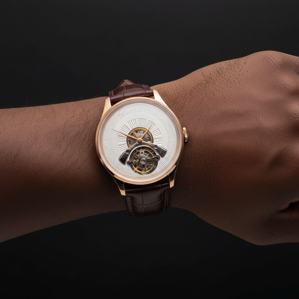 Nigerian male wrist-only shot wearing rose gold skeleton automatic watch