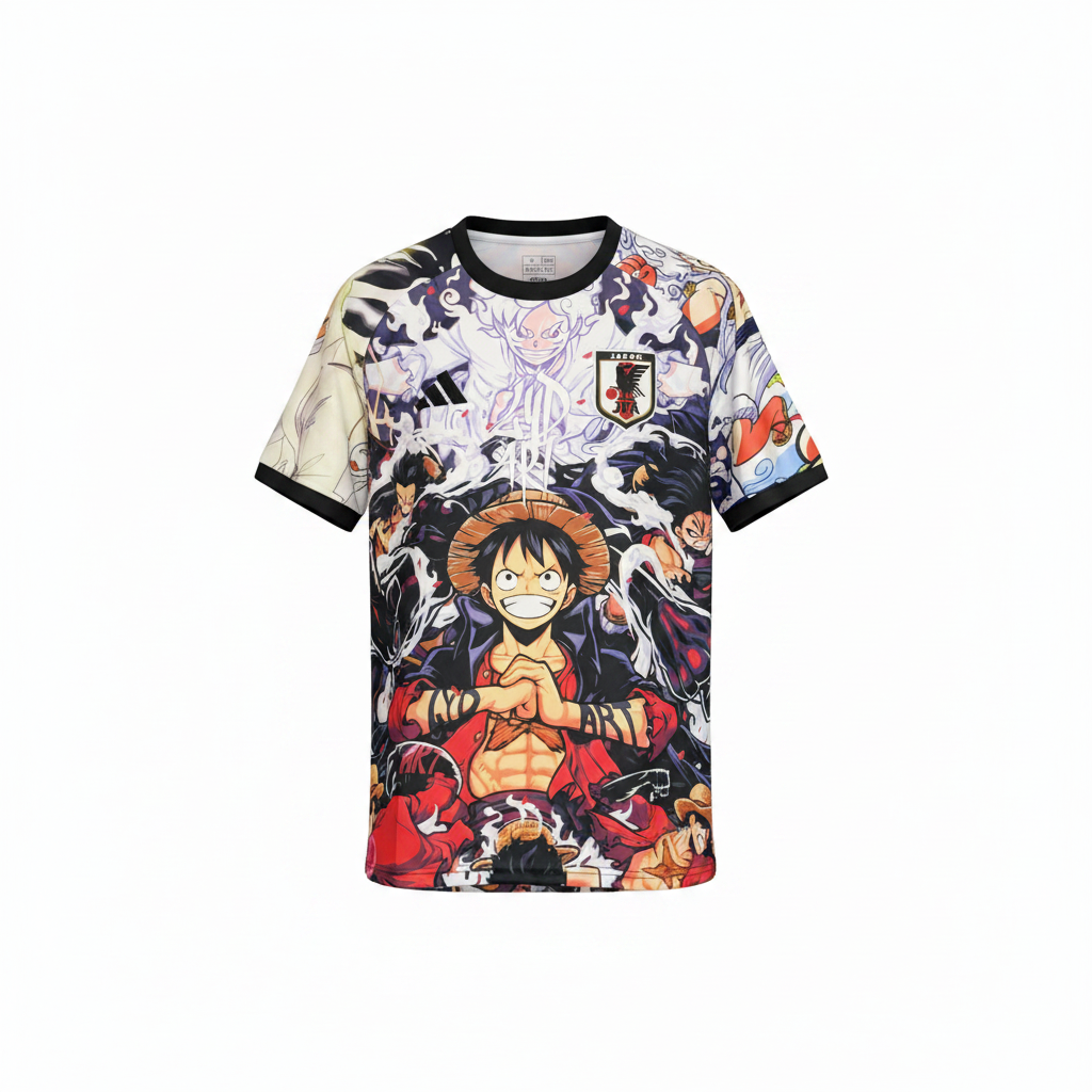 Men's white anime character collage all-over print football jersey ghost mannequin front view