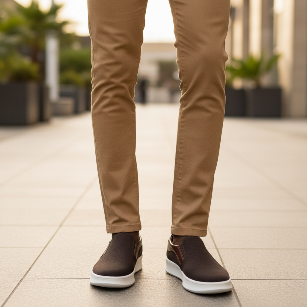 Nigerian male model wearing Clarks espresso brown canvas slip-on sneakers, tight zoomed-in leg focus lifestyle shot