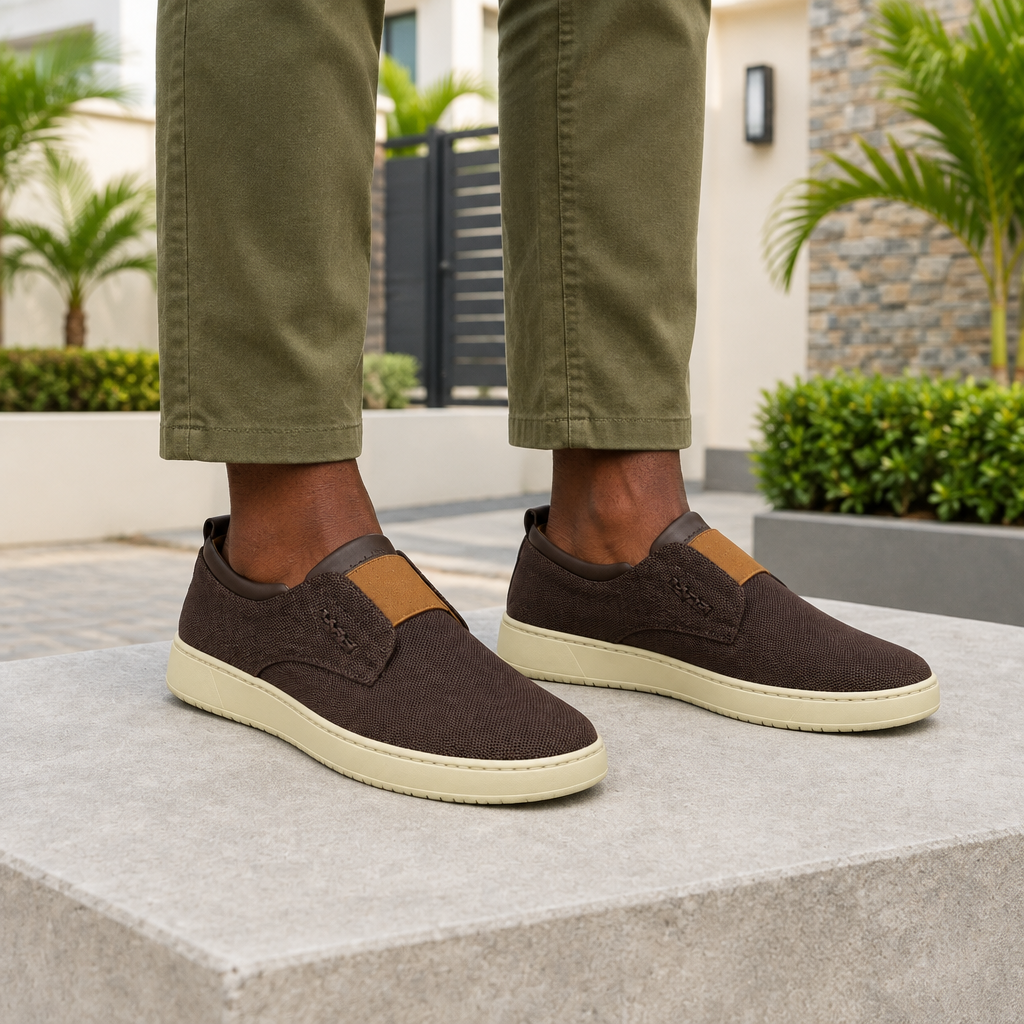 Man wearing dark brown knit slip-on sneakers with olive chinos