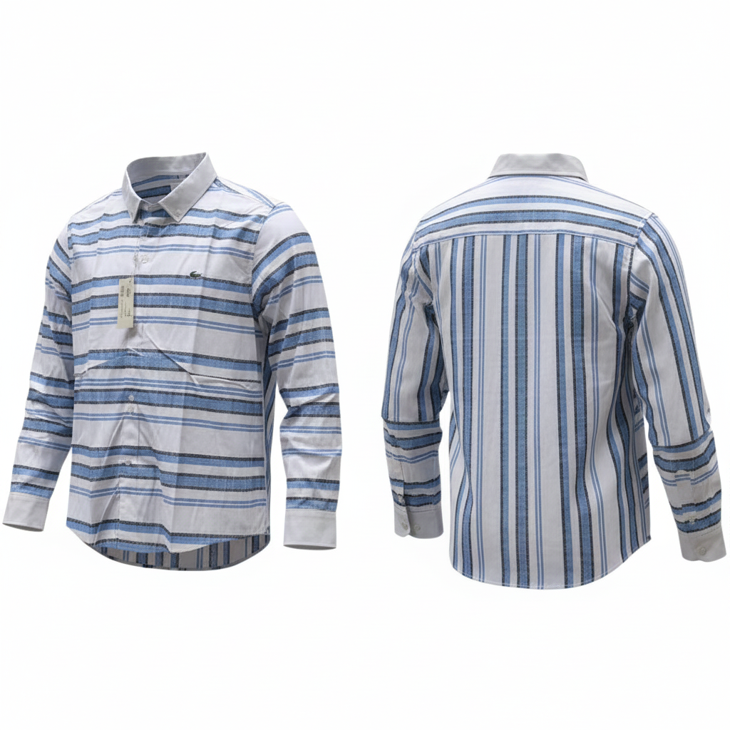 Men's white blue striped long sleeve shirt - product flat lay