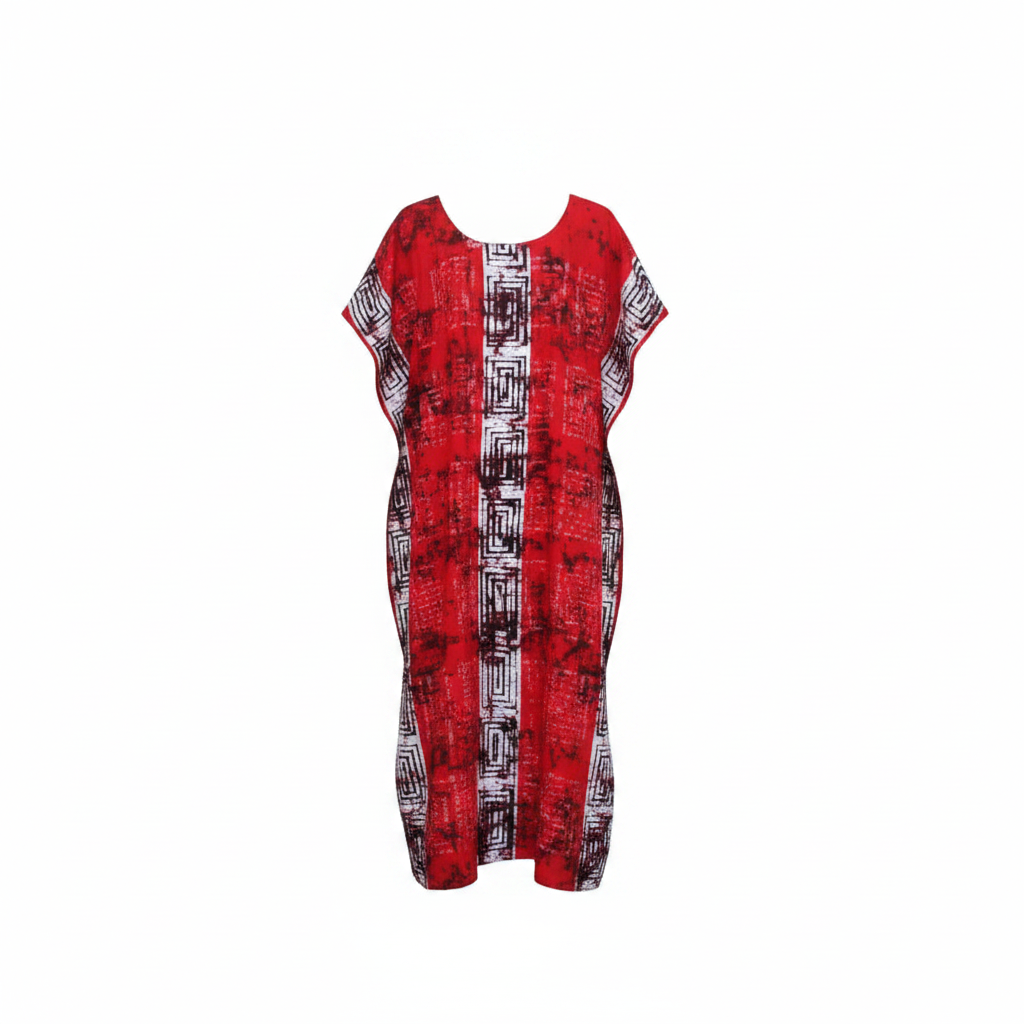 Ghost mannequin view of women's red bubu dress with black and white tribal print panel