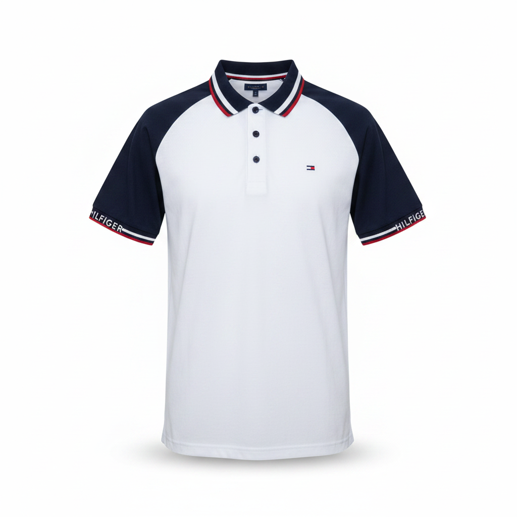 Men's white navy colourblock striped collar polo shirt - ghost mannequin front view