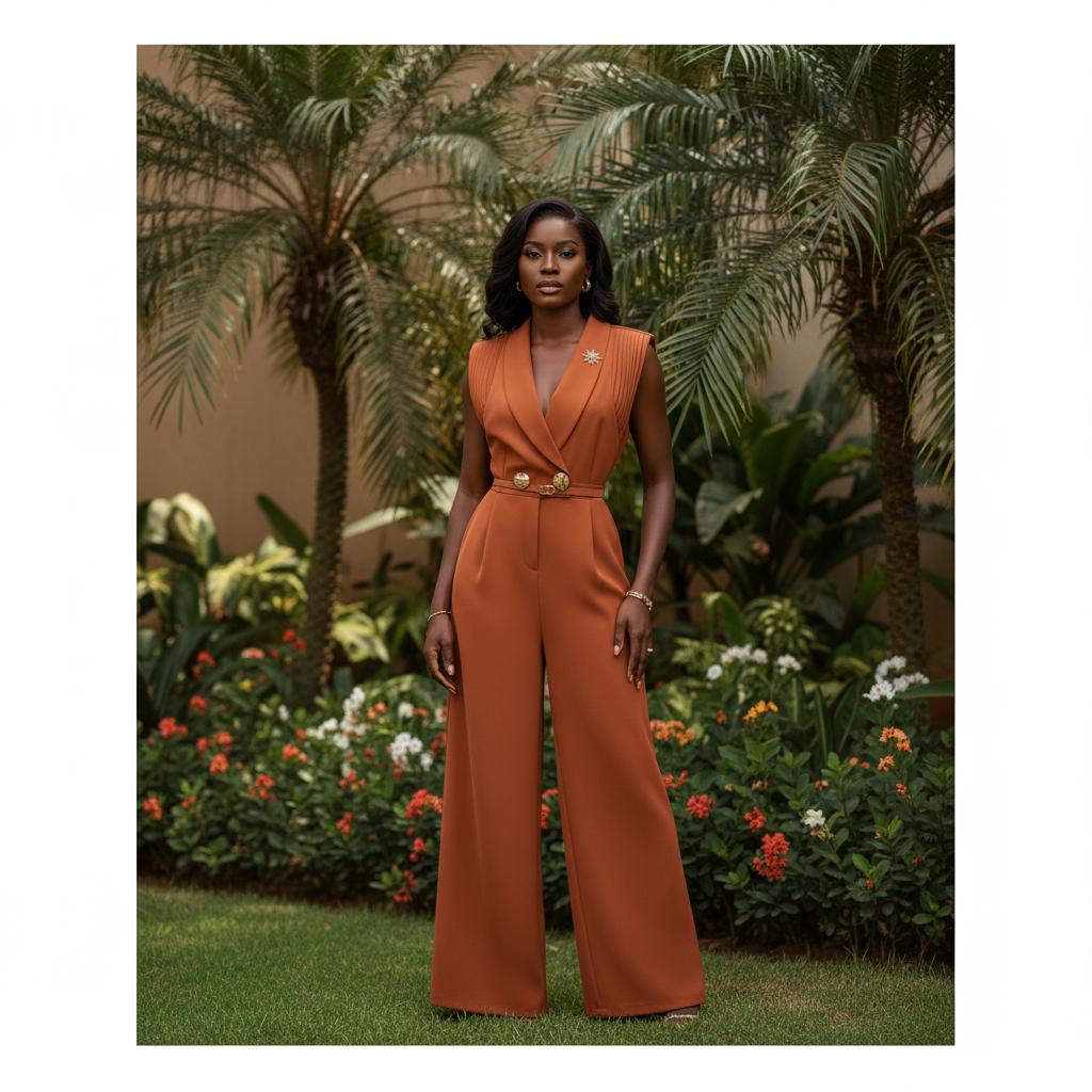 Terracotta Sleeveless Wide-Leg Belted Jumpsuit - Front Model View