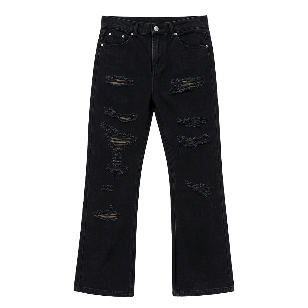 Black wide-leg jeans with shredded distressed detailing across both legs