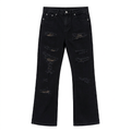 Black wide-leg jeans with shredded distressed detailing across both legs