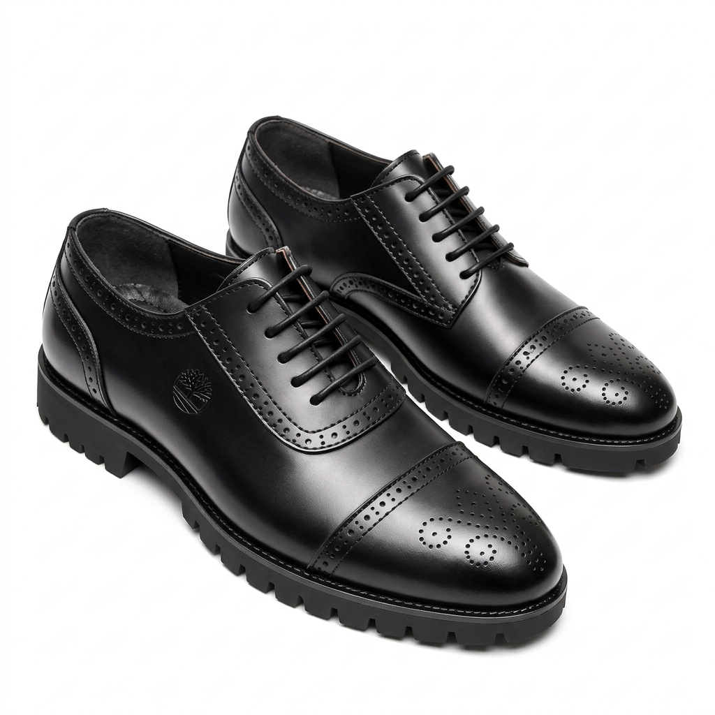 Pair of black medallion cap-toe brogues with black lug soles on a white background