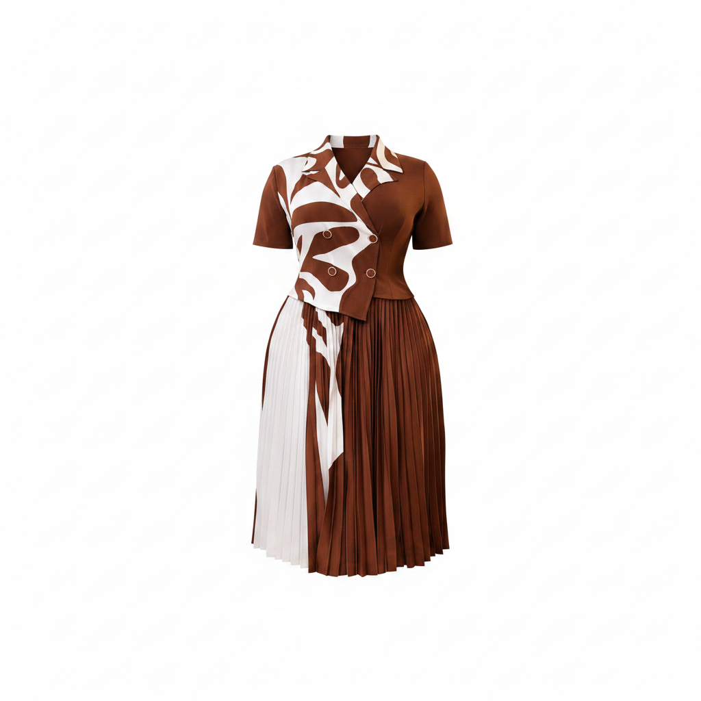 Warm brown and white abstract print colour-block pleated midi gown, ghost mannequin view