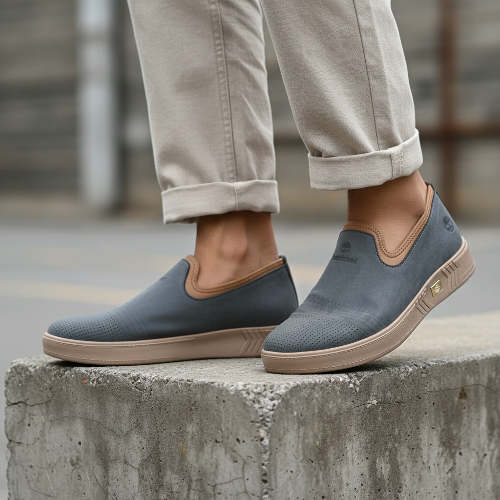 Model wearing slate blue nubuck leather slip-on sneakers with tan collar trim leg shot