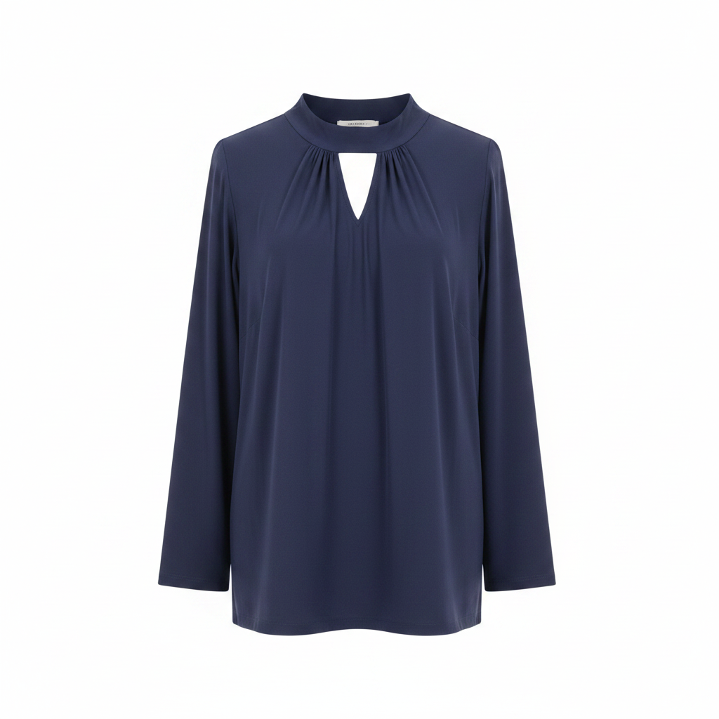 Women's navy blue long sleeve gathered neck top - ghost mannequin front view