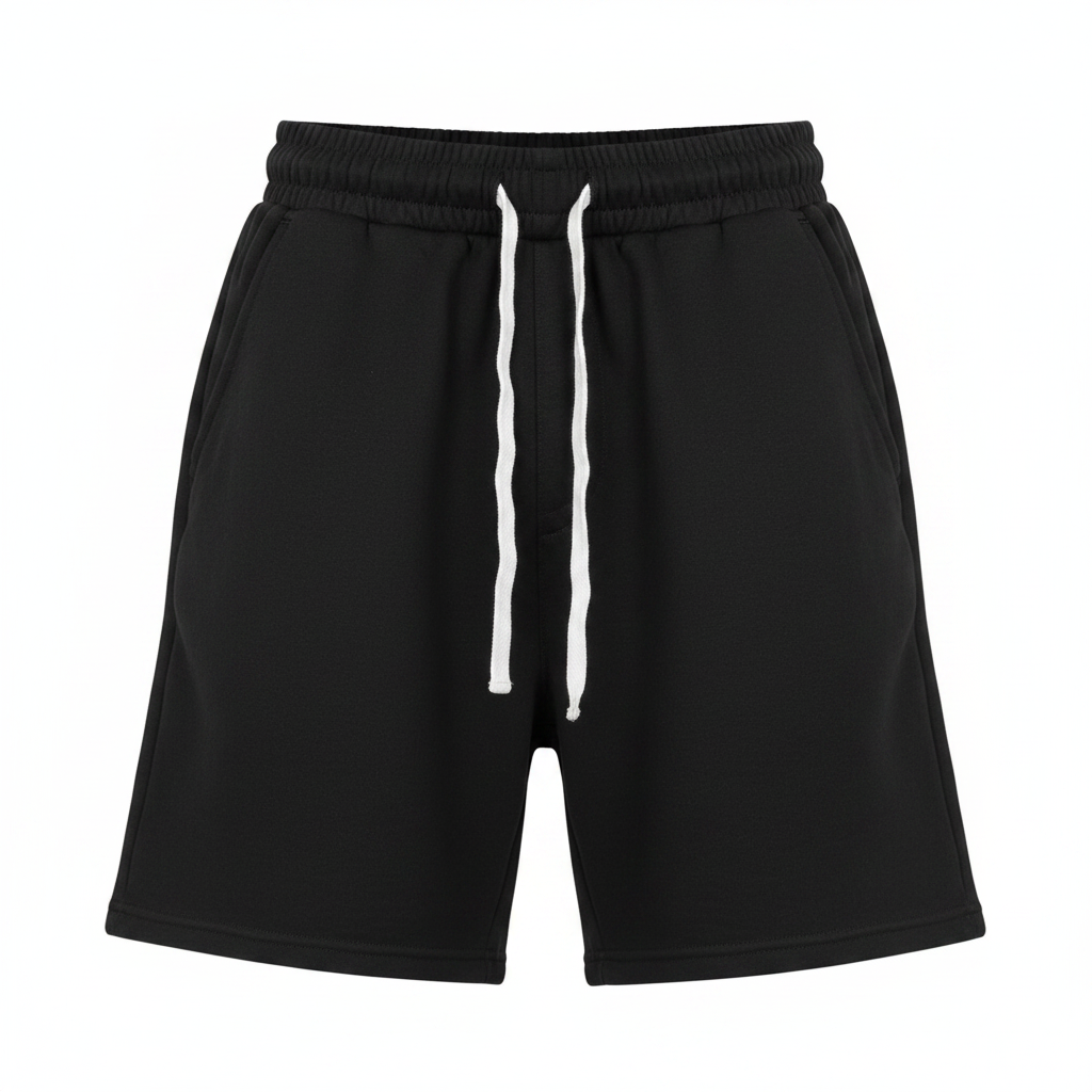 Ghost mannequin front view of black plain fleece drawstring shorts