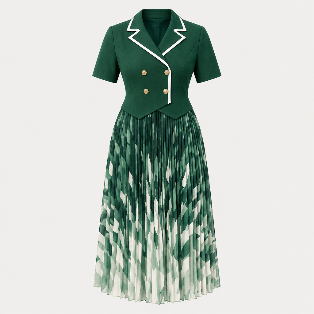 Ghost mannequin view of a deep-green gown with contrast-trim bodice and pleated geometric skirt