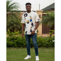 Nigerian male model wearing men's white abstract art print shirt