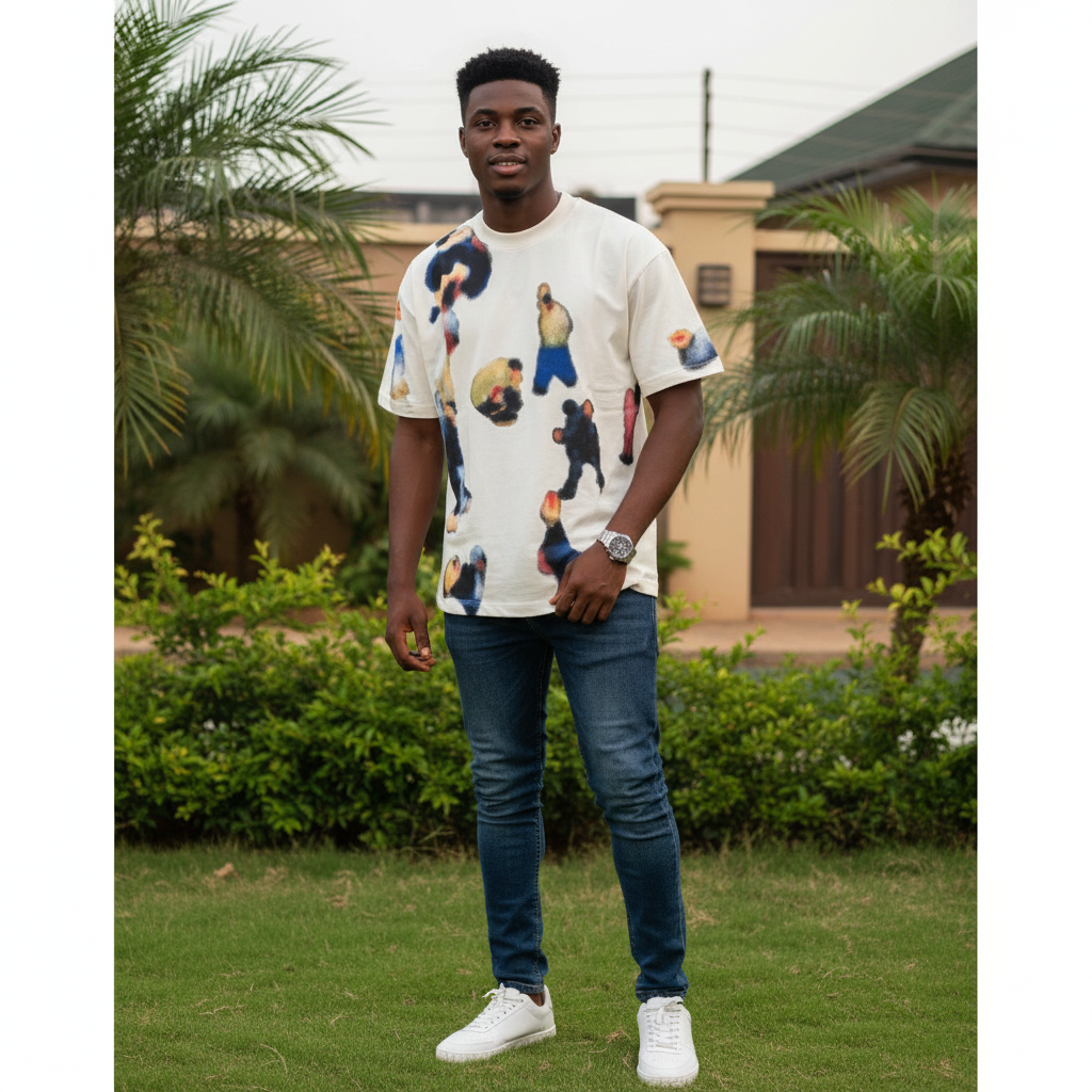 Nigerian male model wearing men's white abstract art print shirt