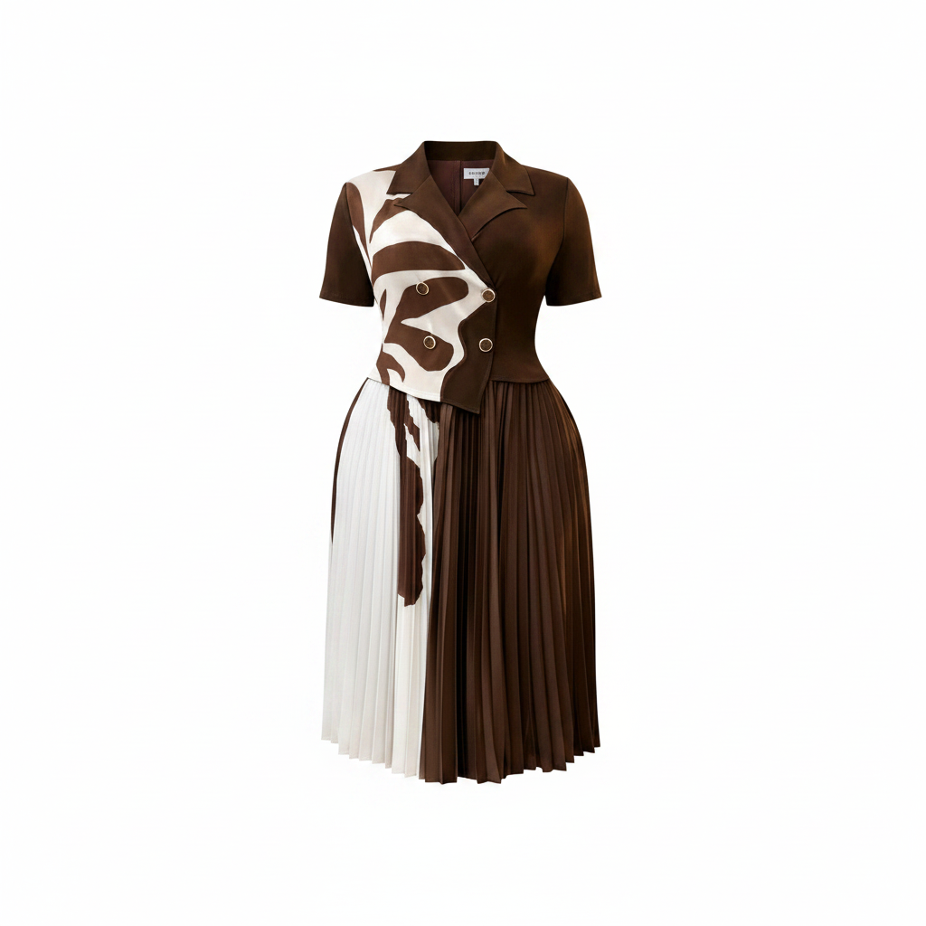 Dark chocolate brown and white abstract print pleated midi gown with colour-block skirt, ghost mannequin view